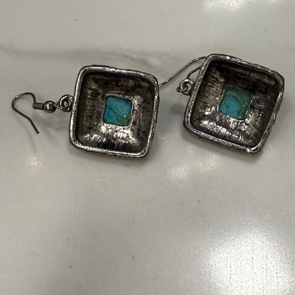 Silver Tone Earrings Turquoise Stone Square Dangle Drop Boho Jewelry - Picture 2 of 2